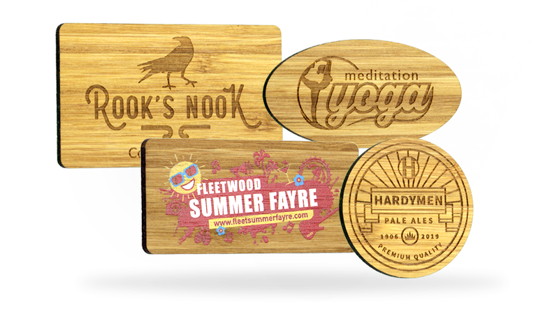 wood promotional badges